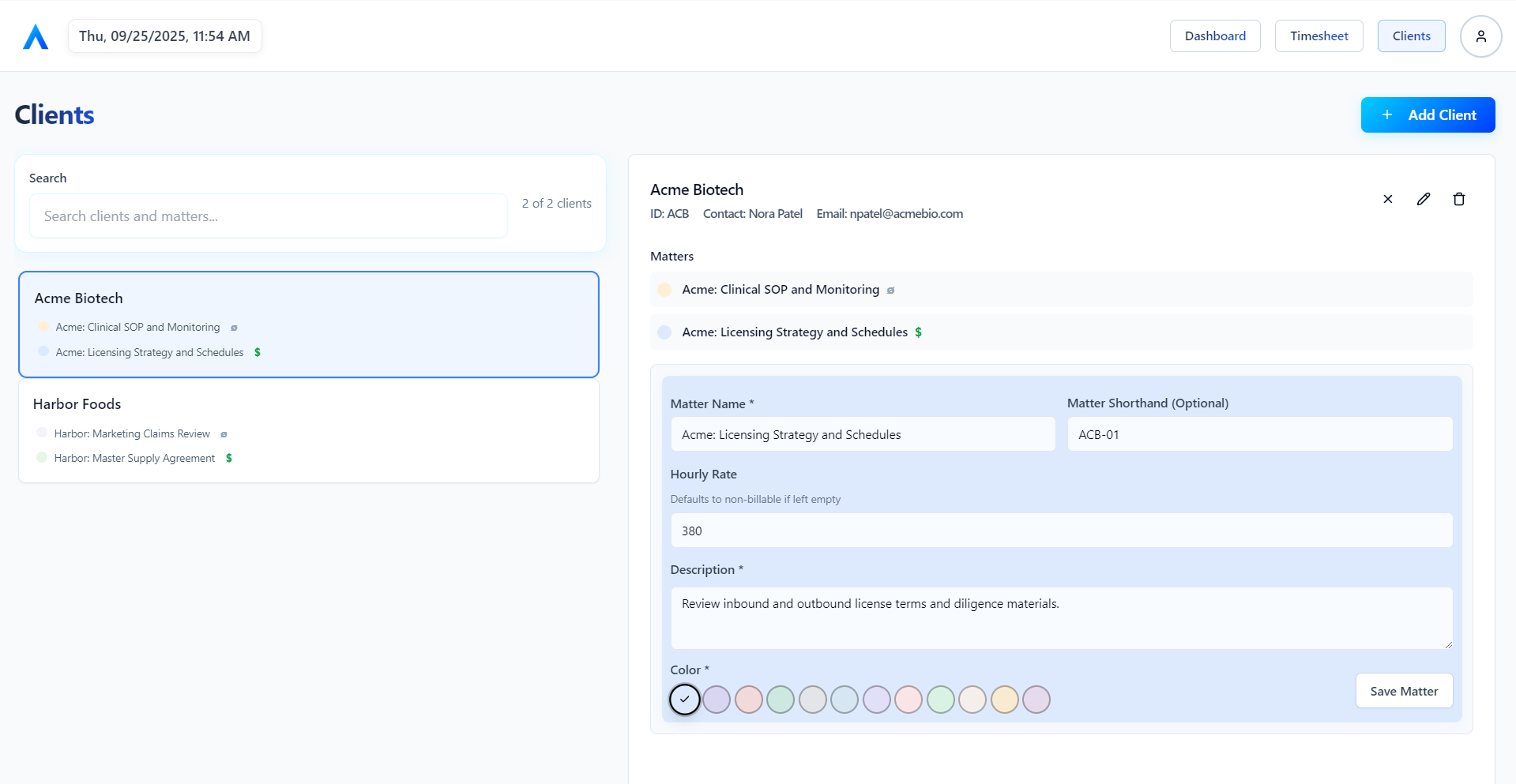 Arden — Clients and Matters tab